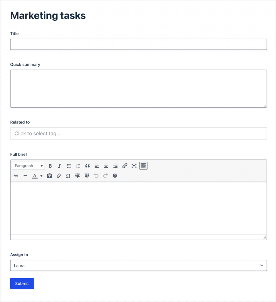 A form titled 'Marketing tasks' with fields for title, quick summary, related to, full brief, assign to.