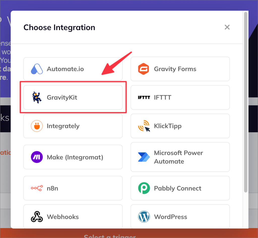 An arrow pointing to GravityKit in the 'Choose Integration' menu in WP Webhooks