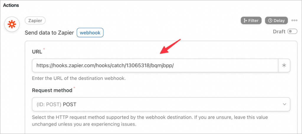 The webhook URL from Zapier pasted inside them 'URL' input field in Uncanny Automator