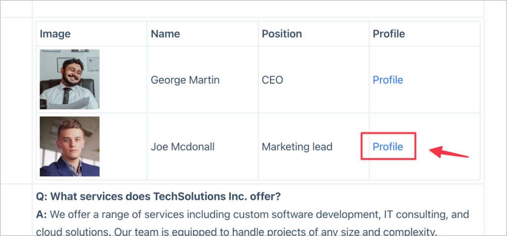 An arrow pointing to the 'Profile' link for employee information