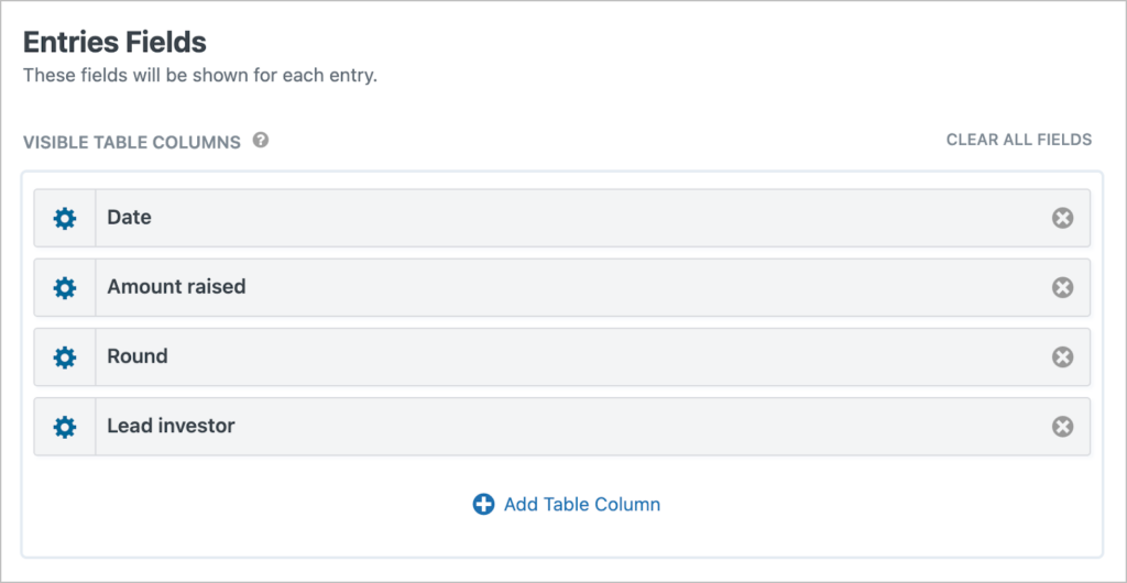 The 'Entries Fields' section of the GravityView editor; the following fields are visible: Date, Amount raised, Round, Lead investor