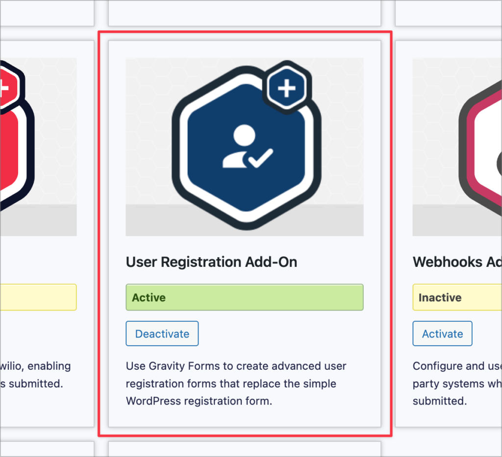 The Gravity Forms user registration add-on