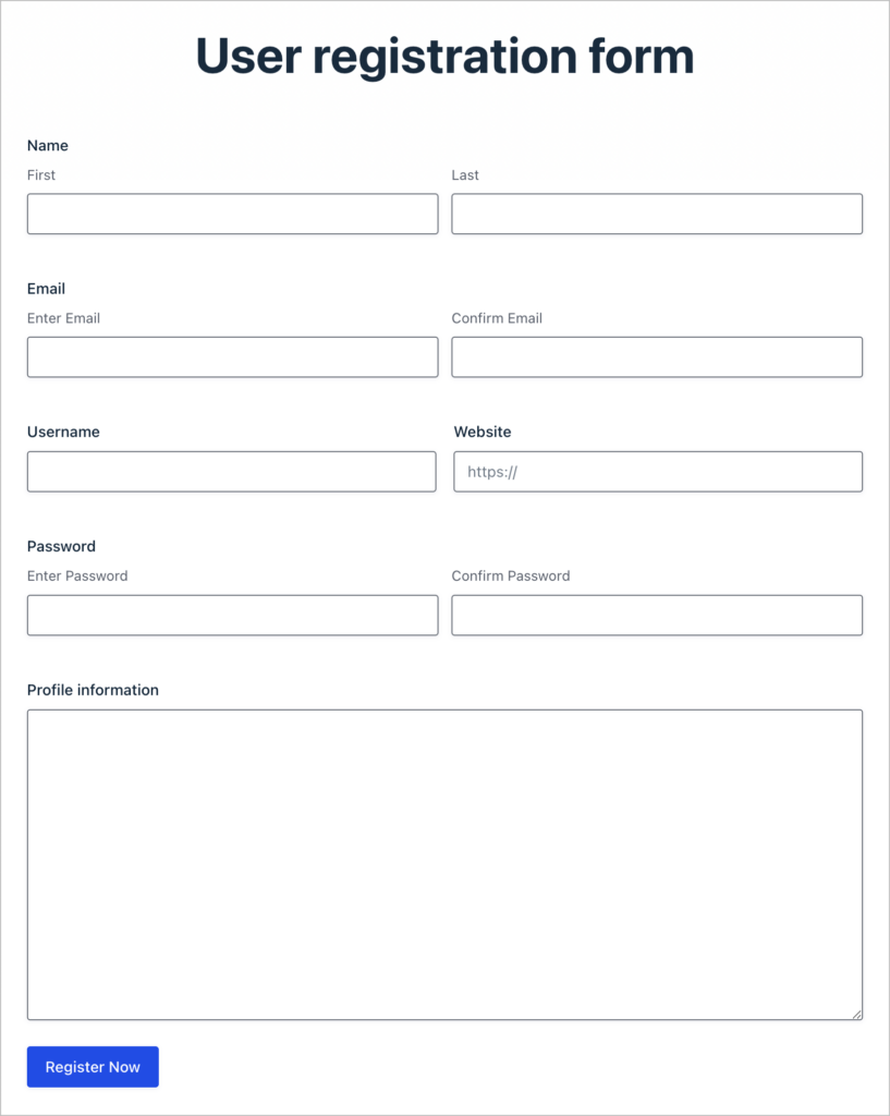 A user registration form containing fields for name, email, username, password, and profile information