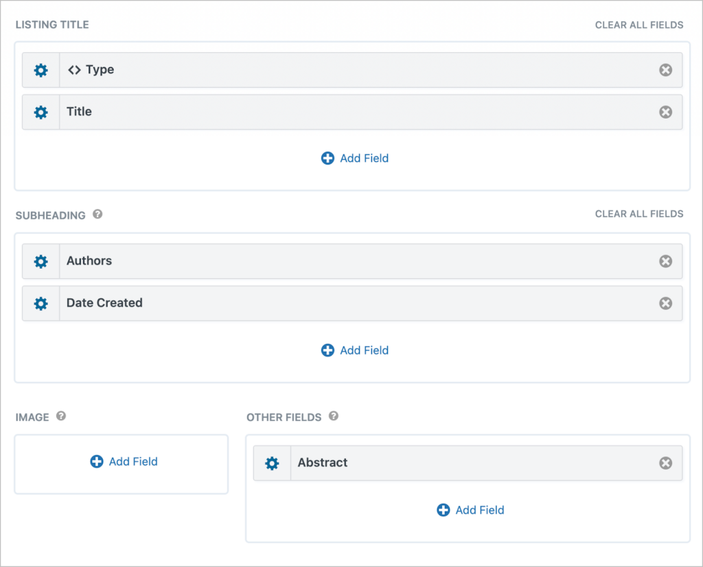 The GravityView View editor; here there are fields for Type, Title, Authors, Date Created, and Abstract