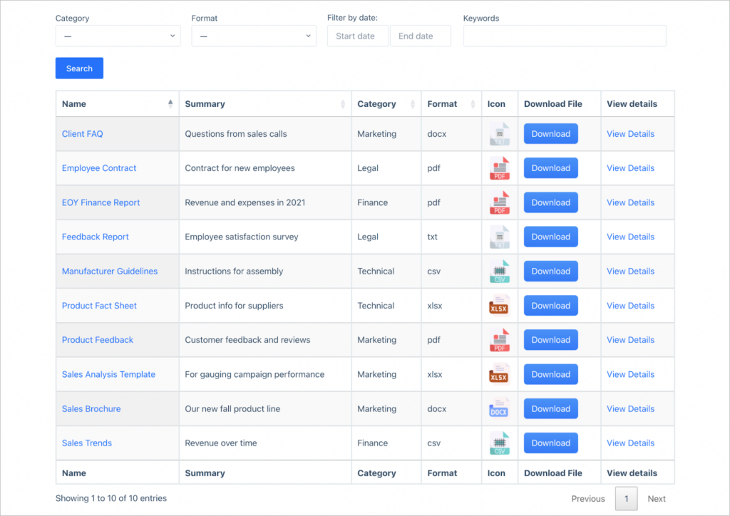 A table of document and other data, with a search bar at the top (created by GravityView)