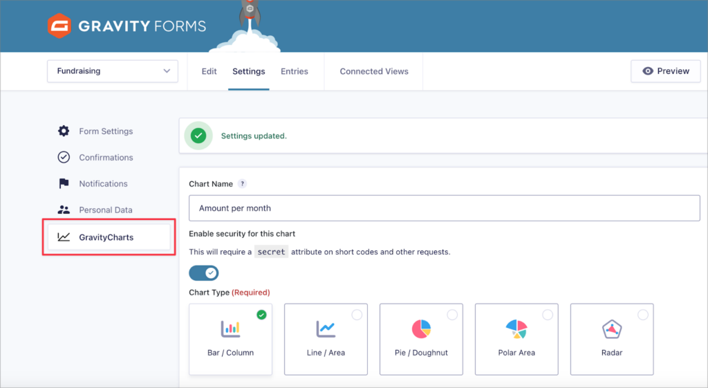 The GravityCharts feed configuration screen