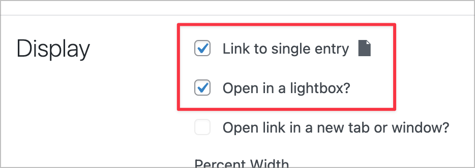 Two checkboxes labeled 'Link to single entry' and 'Open in lightbox' respectively