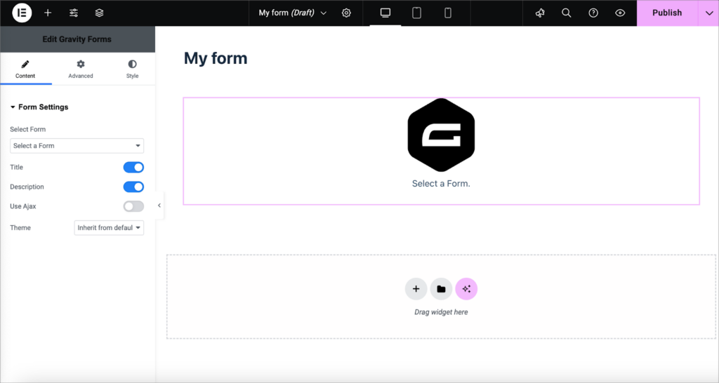 The Gravity Forms widget added to a page with Elementor; there are various widget settings on the left