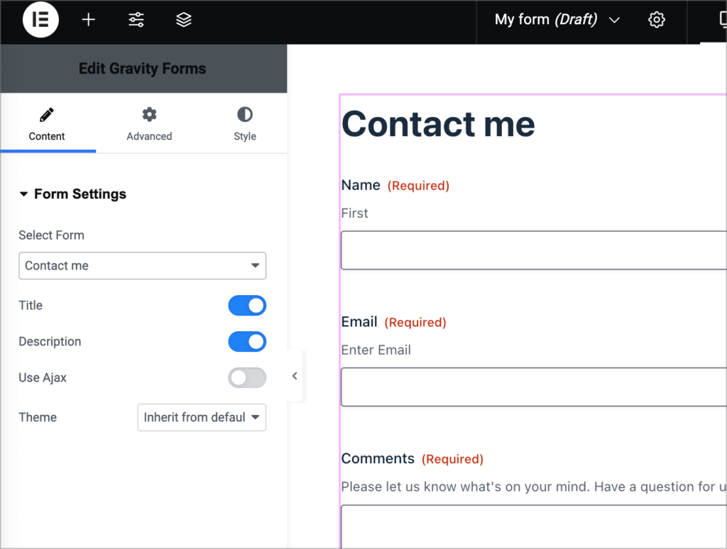 The 'Form Settings' in the Gravity Forms Elementor widget