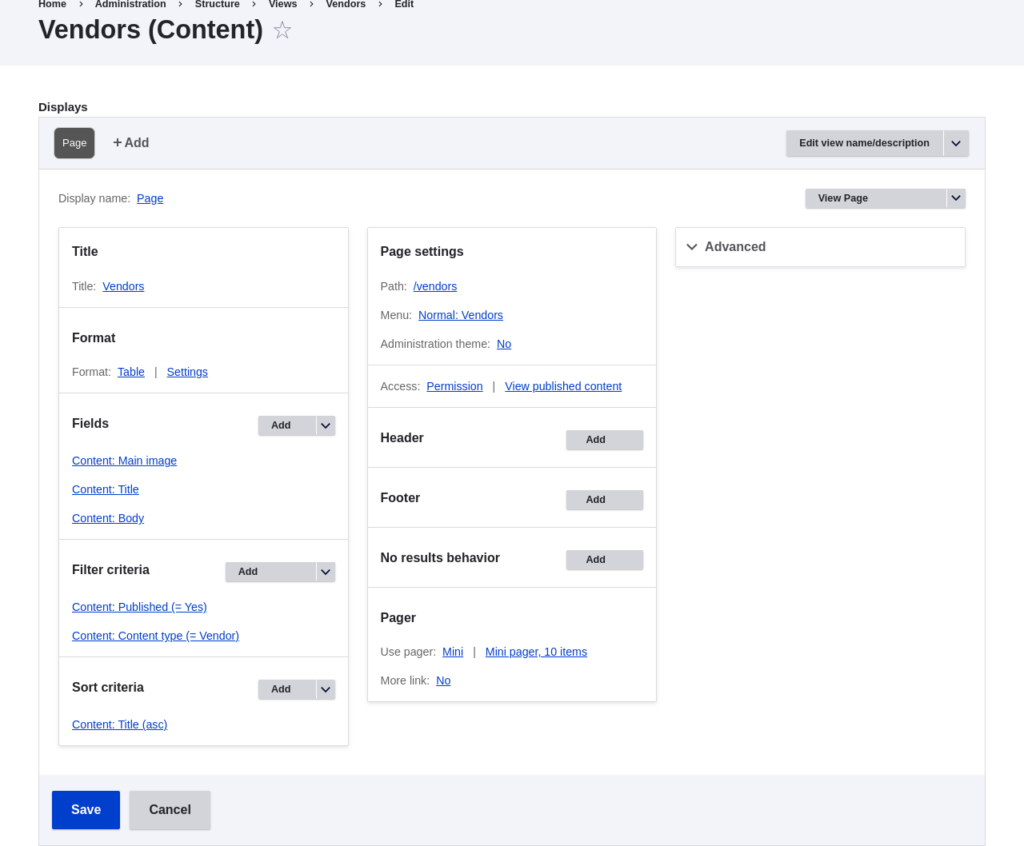Drupal – View content configuration screen