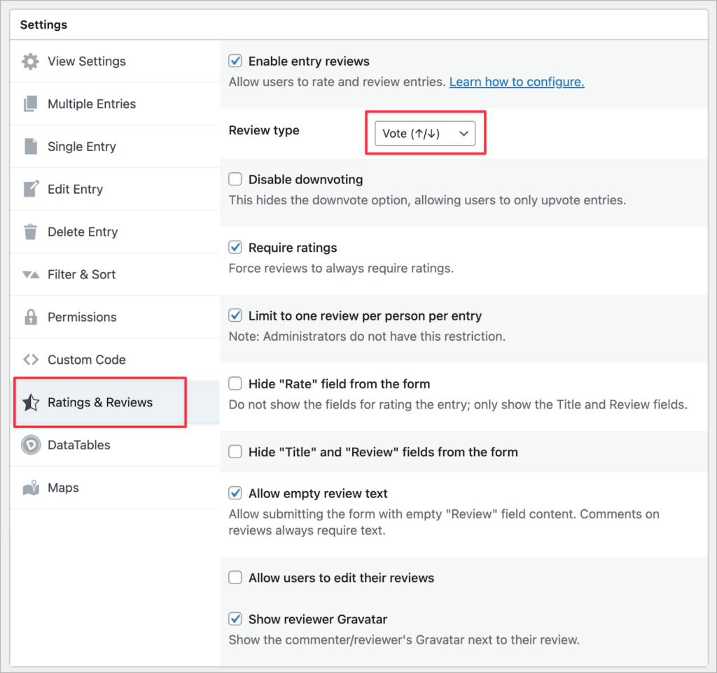 The GravityView View settings meta box; the 'Ratings & Reviews' tab is selected