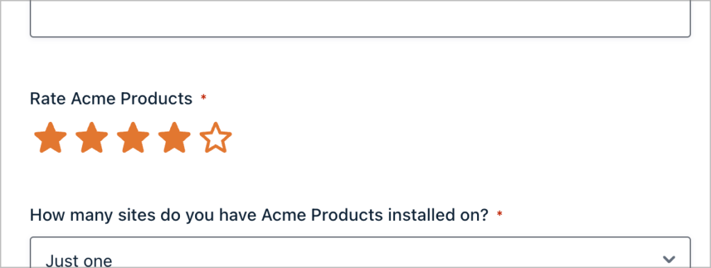 A Survey 'Rating' field labeled 'Rate Acme Products' on a stars scale.