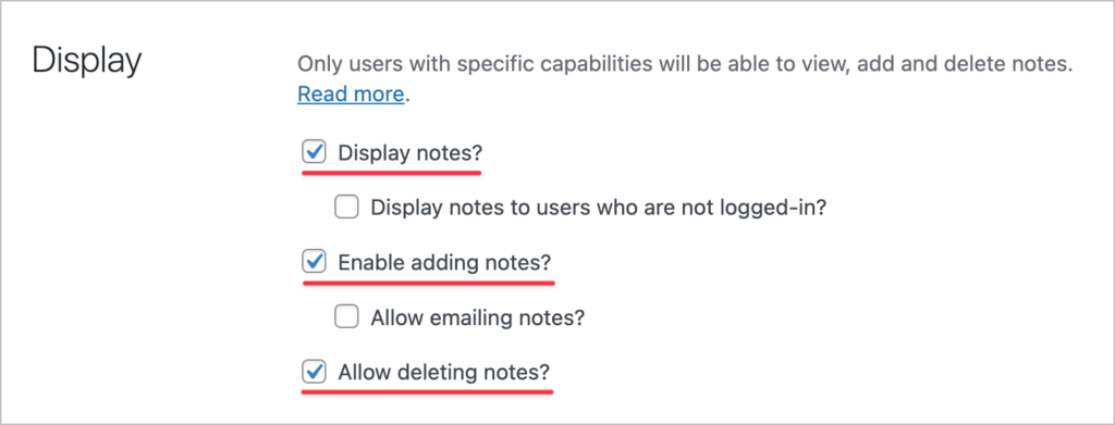 Three checkboxes that have been checked. They are "Display notes?", "Enable adding notes?", and "Allow deleting notes?"