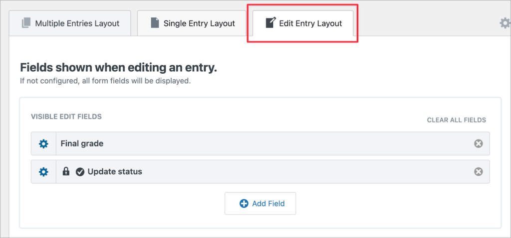 The 'Edit Entry Layout' section of the View editor