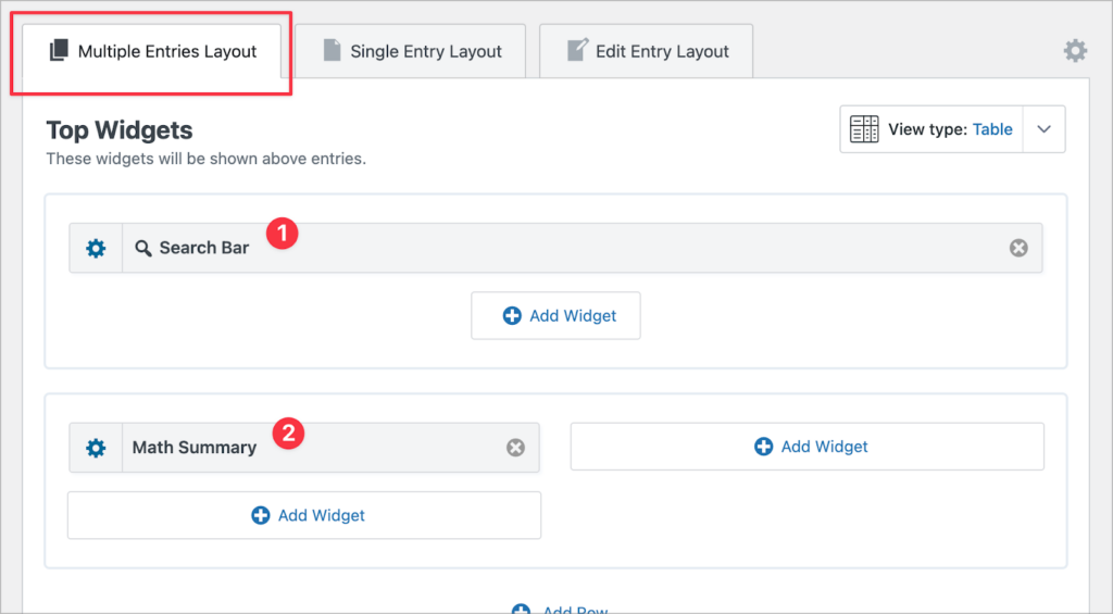The 'Tope Widgets' area of the View editor; there is a Search Bar widget at the top and a Math Summary widget below