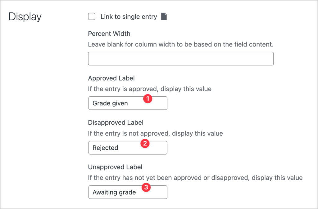 The field settings for the GravityView 'Approval Status' field.