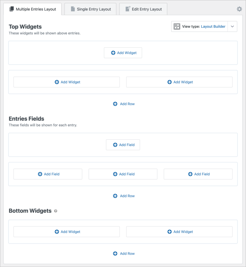 The GravityView visual, drag-and-drop editor; there are different sections for adding widgets and fields, as well as buttons for adding rows widgets, and fields to these different sections.