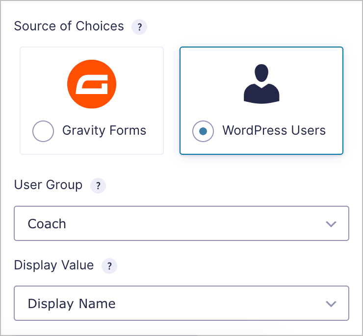 The settings for the Lookup field; the 'WordPress Users' source is selected.