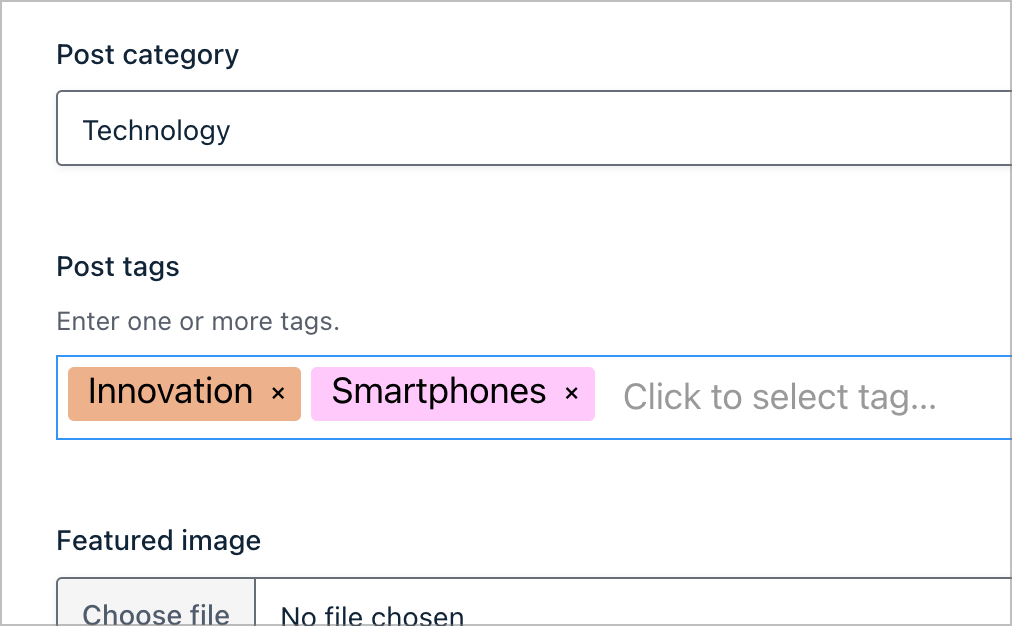 The Entry Tags field on the front-end form; there are two tags added here: Innovation and Smartphones
