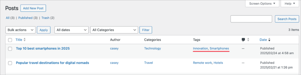 The Posts page in WordPress; there are two posts visible here and the tags are underlined, showing the same two tags as added in the form