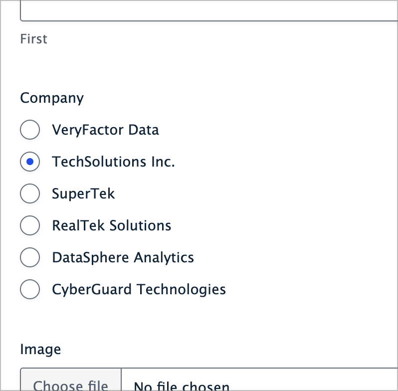 A Radio Buttons fields with a range of options; all are company names