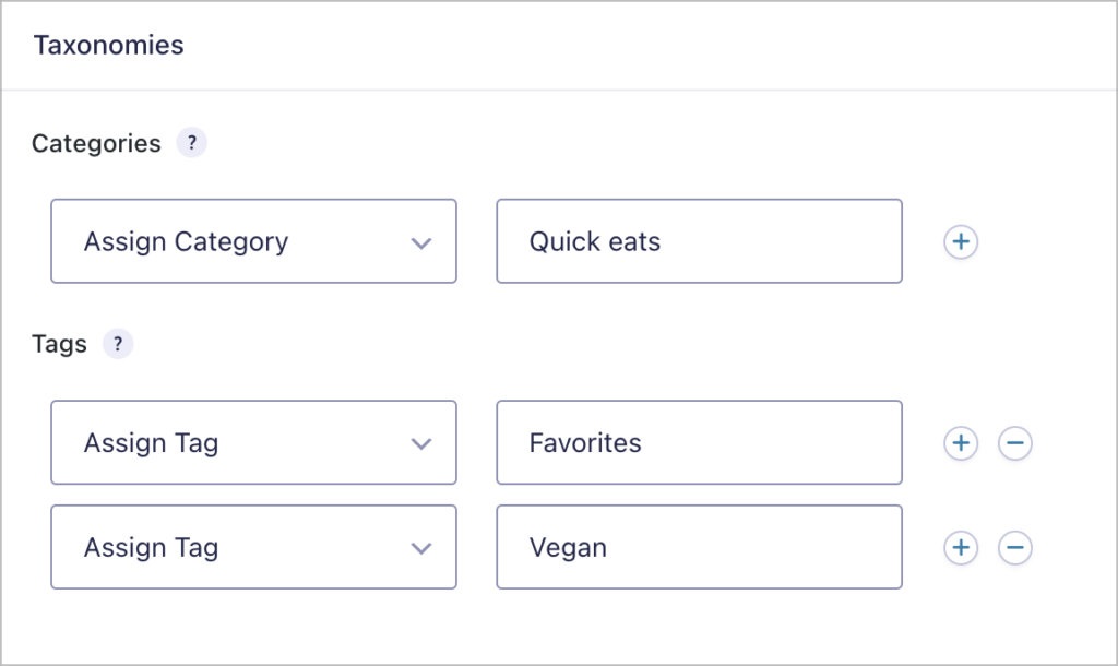 Drop down fields for mapping categories and tags to existing form fields