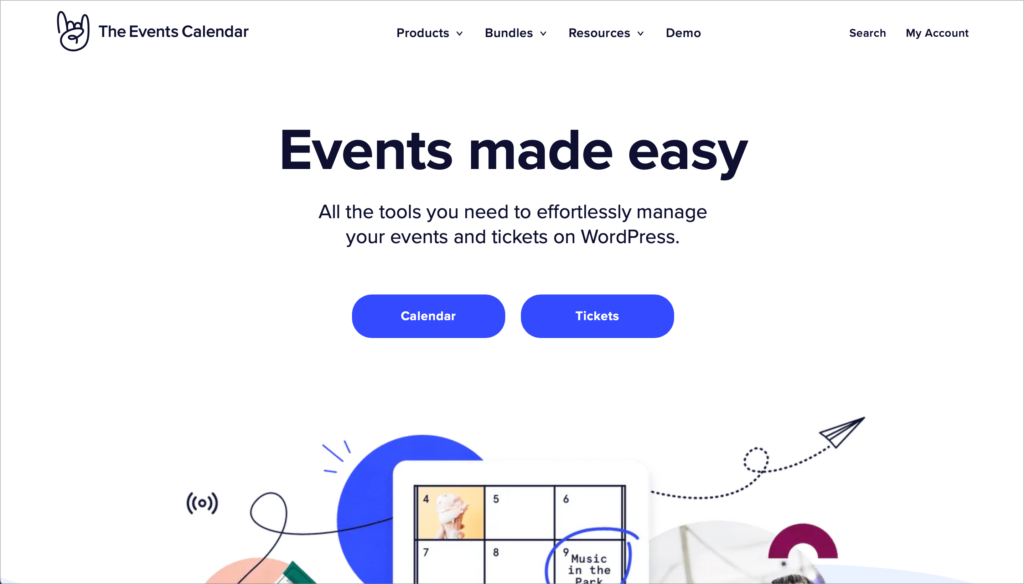 The Events Calendar plugin homepage; the header reads 'Events made easy'.