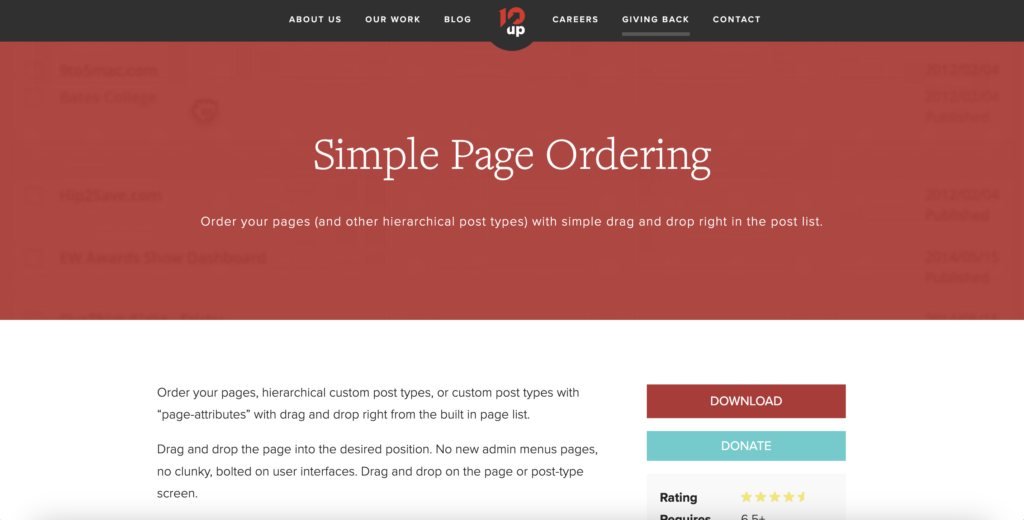 The Simple Page Ordering plugin landing page. The header reads 'Order your pages (and other hierarchical post types) with simple drag and drop right in the post list.