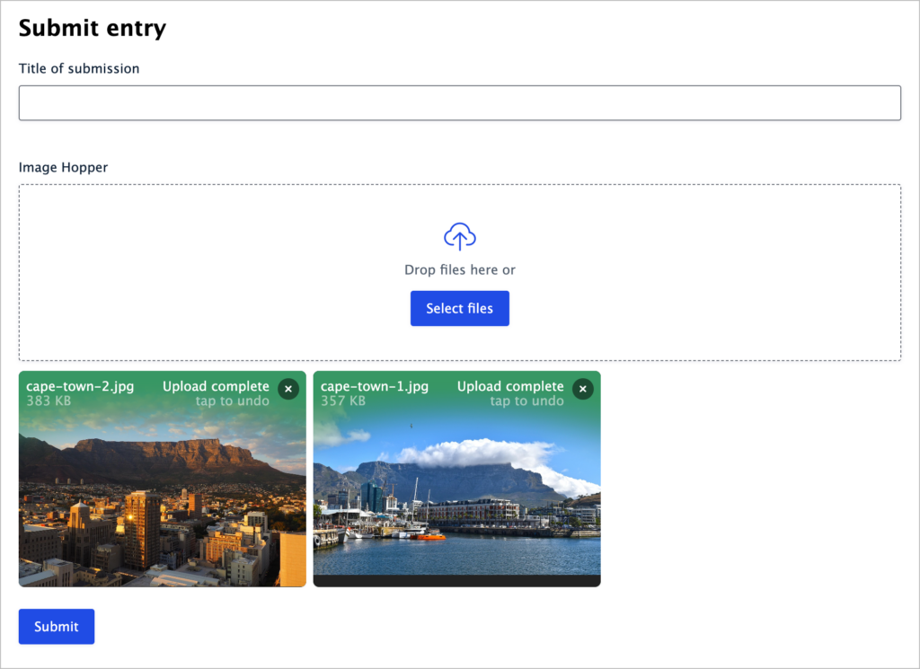 A form titled 'submit entry'; there is an Image Hopper field added and two image previews below indicating two images were uploaded via the field.