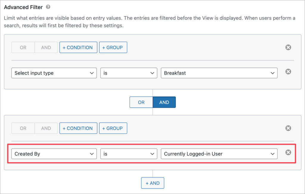 GravityView's advanced filter with a second condition that reads 'Created By is Currently Logged-in User'.