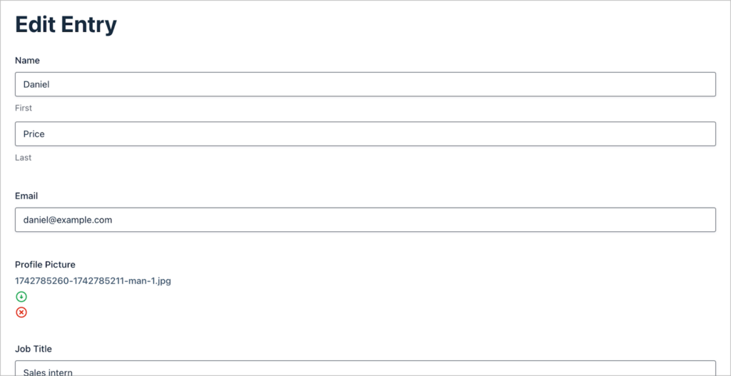 The Edit Entry screen in GravityView showing several editable fields.