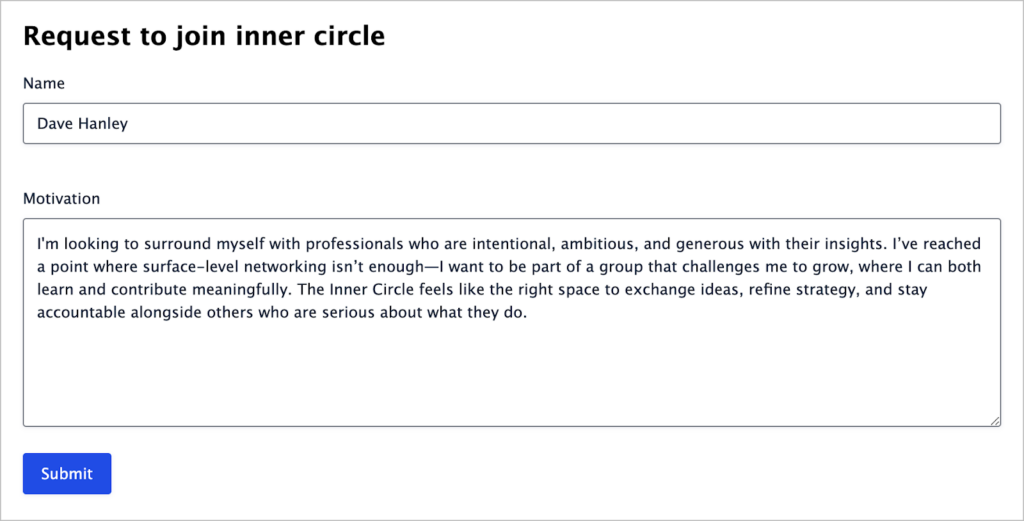 A Gravity Forms form titled 'Request to join inner circle; there are two fields here ('Name' and 'Motivation') and both are filled in.