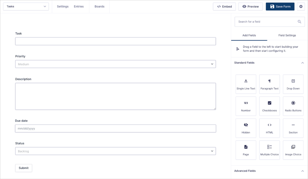 The Gravity Forms visual, drag-and-drop for editor