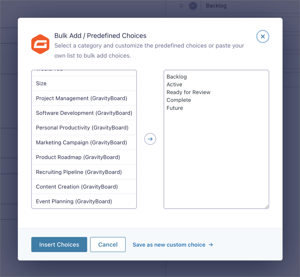 A modal in Gravity Forms titled 'Bulk Add / Predefined Choices'; here there lists of predefined field options added by GravityBoard that you can use