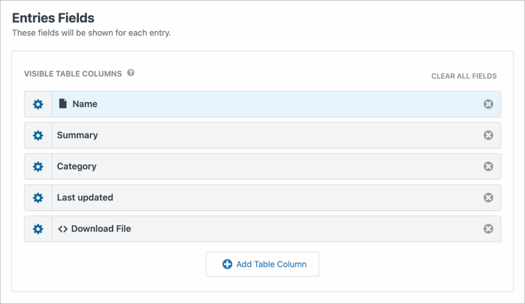 The 'Entries Fields' section of the View editor showing the following fields: Name, Summary, Category, Last updated, Download file.