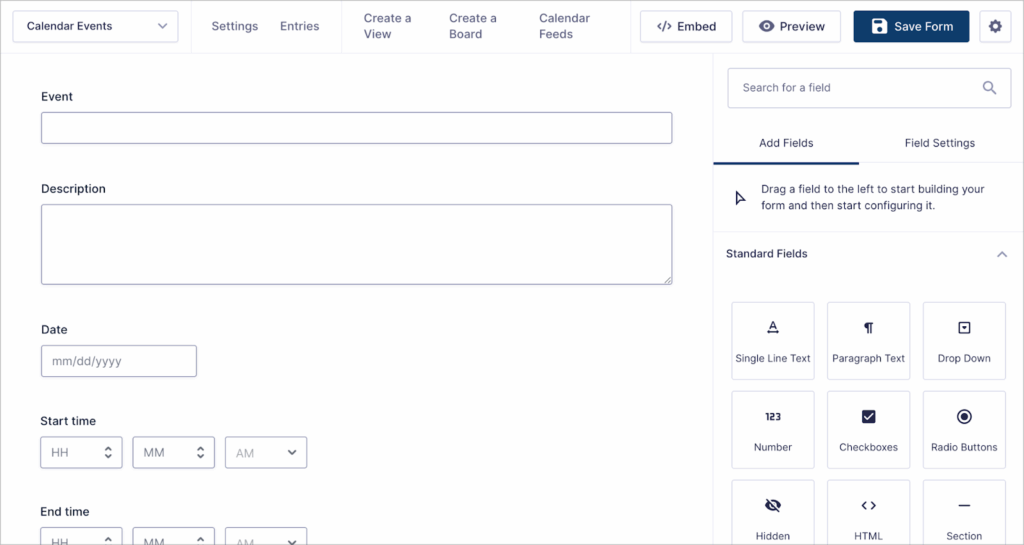 The Gravity Forms visual form editor. There are several visible fields here such as Event, Description, Date, Start time and End time.