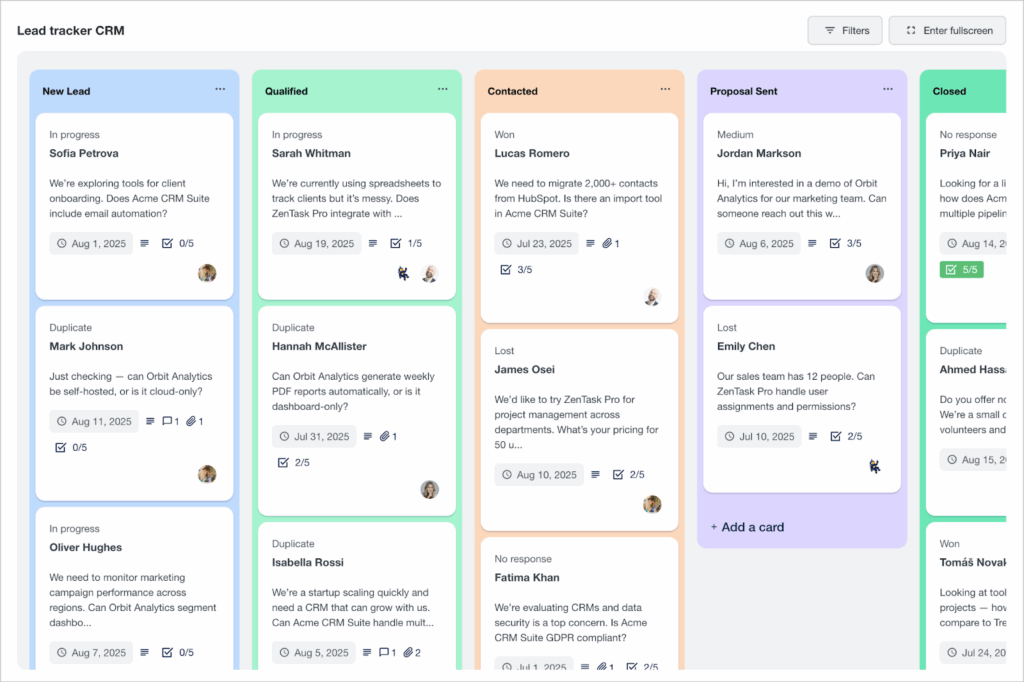 A Kanban board with multiple cards in colored lanes. Each card is a lead that gets moved through different sales stages—'New lead', 'Qualified', 'Contacted', 'Proposal sent', and 'Closed'.