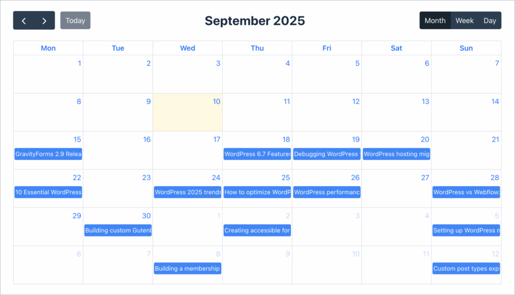 A calendar showing content items