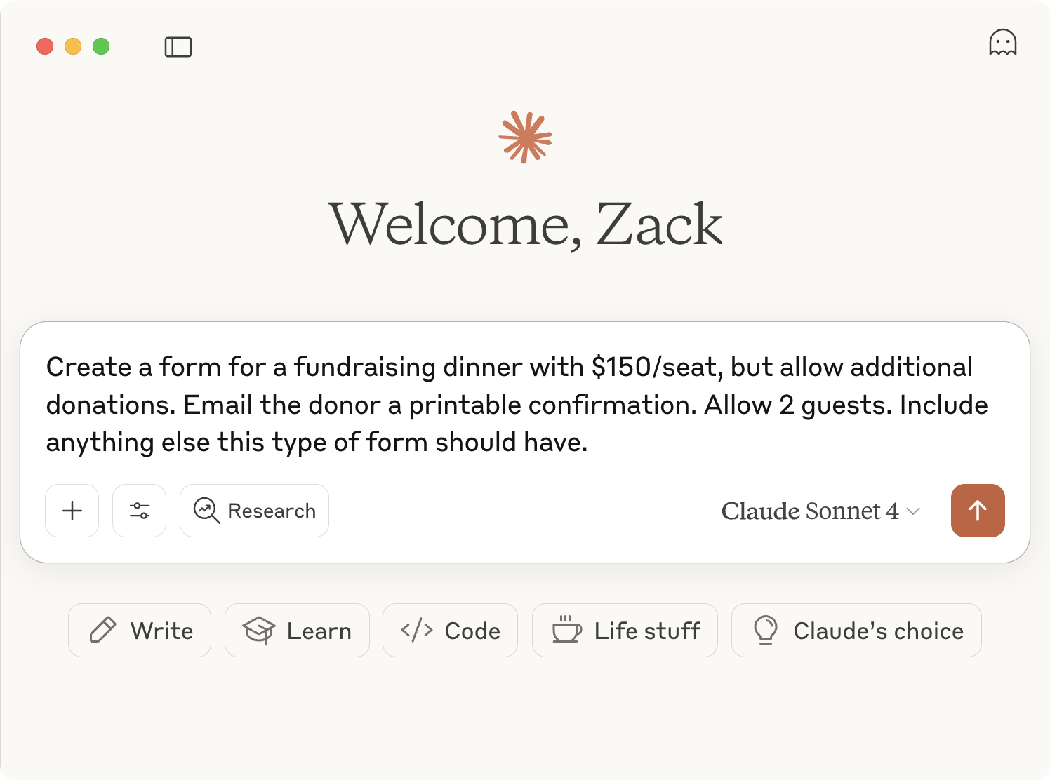A screenshot of Claude with the following prompt: "Create a form for a fundraising dinner with $150/seat, but allow additional donations. Email the donor a printable confirmation. Allow 2 guests. Include anything else this type of form should have."