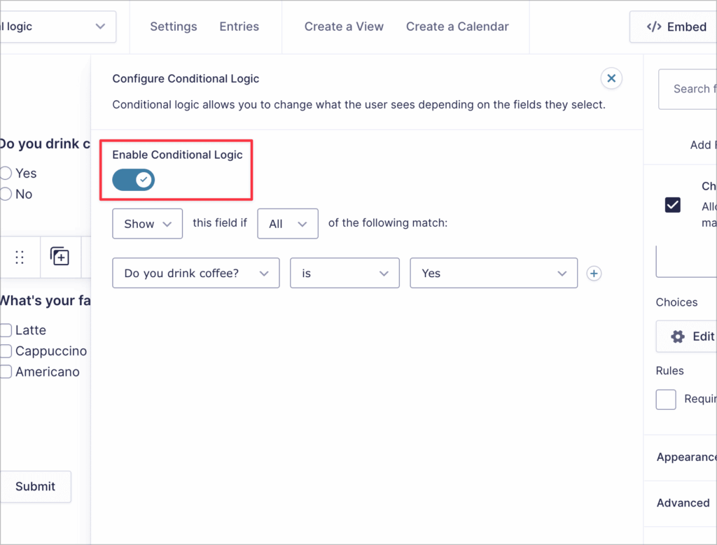 Conditional logic settings in Gravity Forms