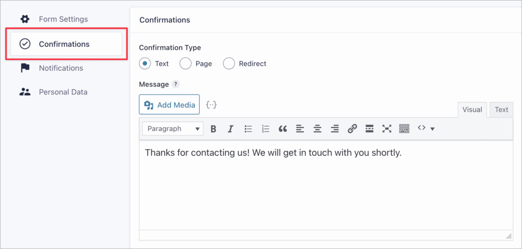 The confirmation page in Gravity Forms