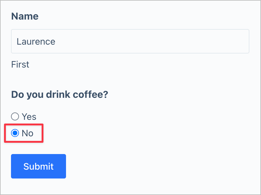 A Gravity Forms with two fields—Name and 'Do you drink coffee?'. The second field is set to 'No'.