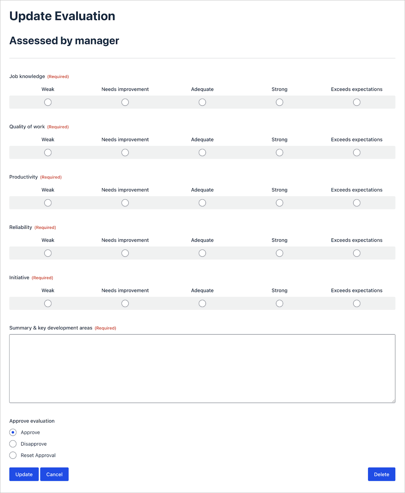 A form titled 'Update Evaluation' with performance evaluation fields.