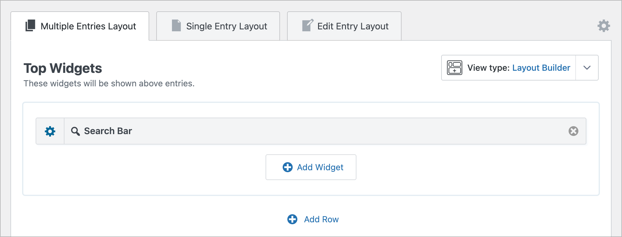 The 'Top Widgets' section of the View editor. There is a Search Bar widget visible here.
