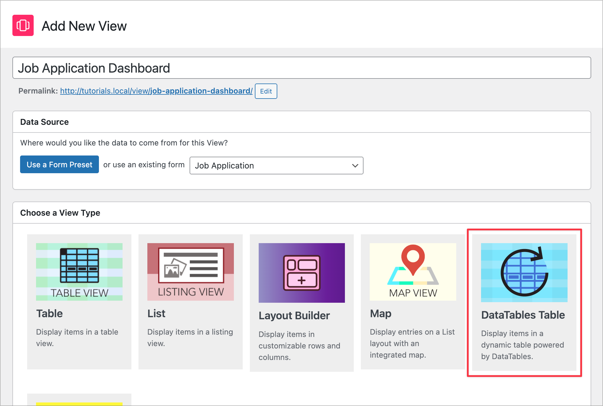 The View configuration screen in GravityView.