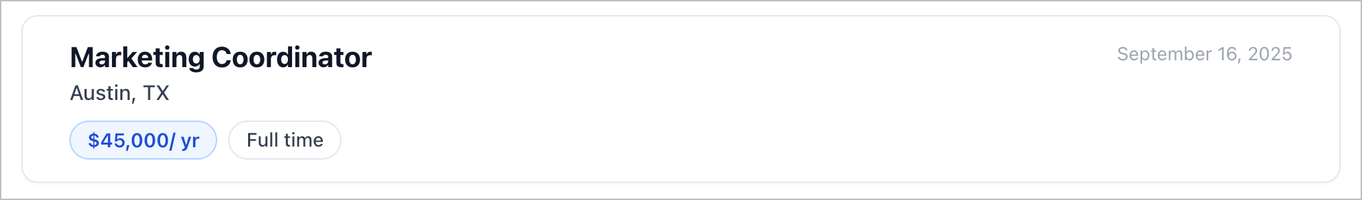 A modern-looking job listing with a rounded border and a drop shadow.