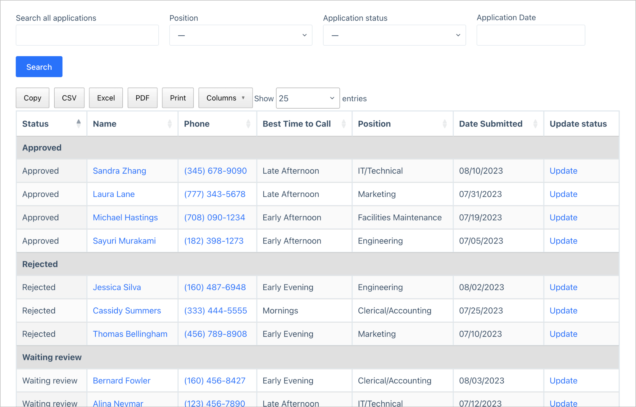 A table of job applications grouped by application status