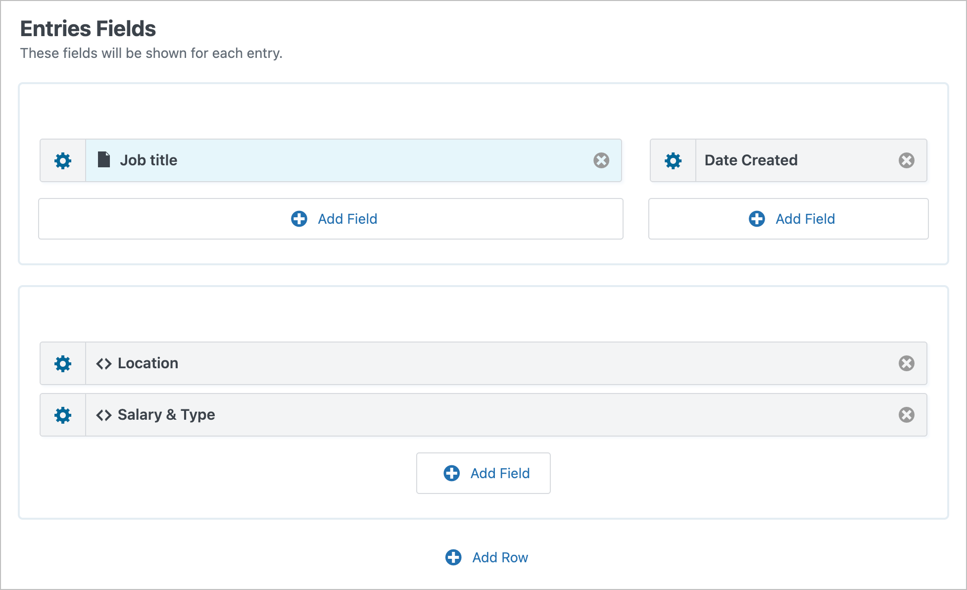 The Entries Fields section of the View editor showing two rows and four fields.