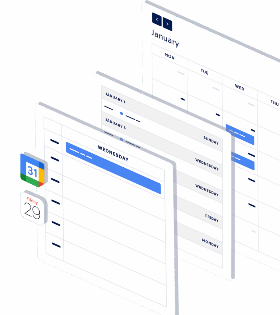 A layered view of GravityCalendars layouts (month, week, day)