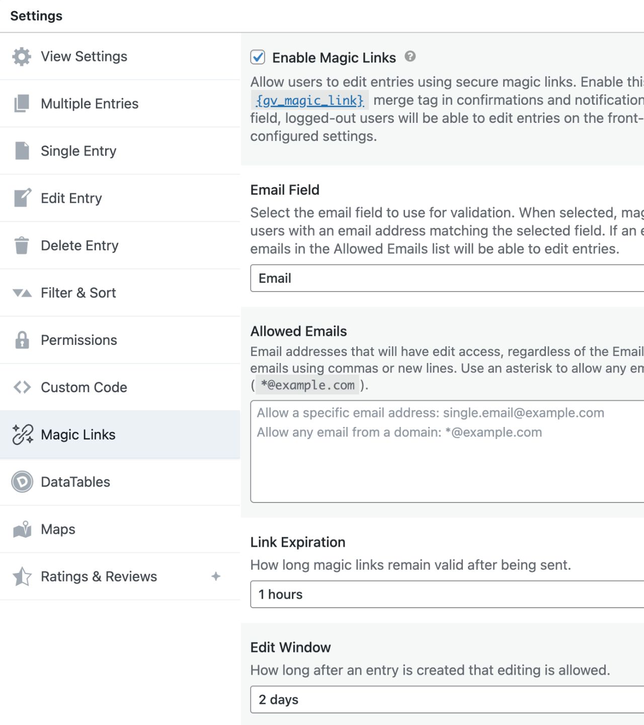 Magic Links settings